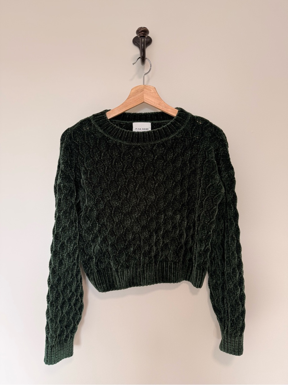 Pink Rose Dark Green Cable Knit Sweater Size Small